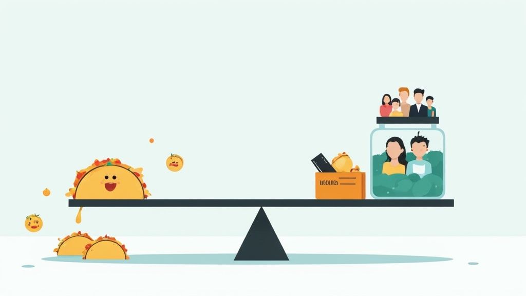 A whimsical balance scale showing cheerful tacos on one side and people in a jar with more tacos on the other.