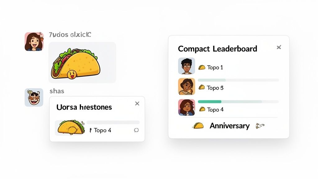 Screenshot of a HeyTaco! style rewards system with user avatars, chat messages, and a leaderboard showing taco counts.