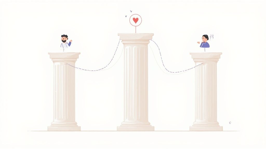 Three professionals on pillars connected by communication lines representing remote team collaboration and motivation