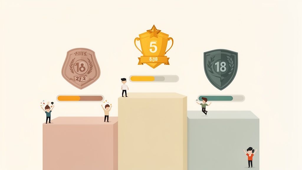 Illustration of a three-tier podium with people, trophies, and progress bars, depicting achievement.