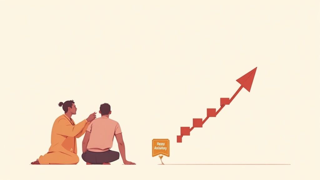 Two people observe an upward-trending graph with a 'Happy Anniversary' sign, symbolizing growth.