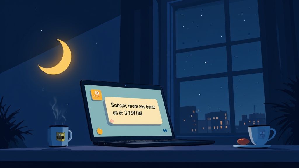 A serene night scene with a laptop on a desk, a glowing crescent moon, and city lights outside a window.