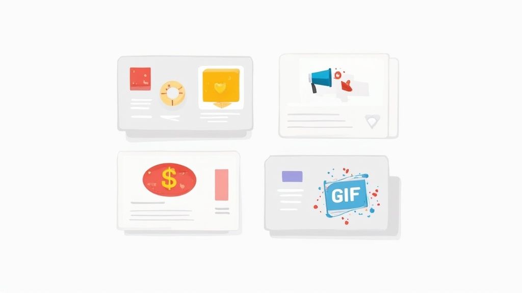 Four graphic cards displaying digital concepts like data analysis, communication, marketing, and GIFs.