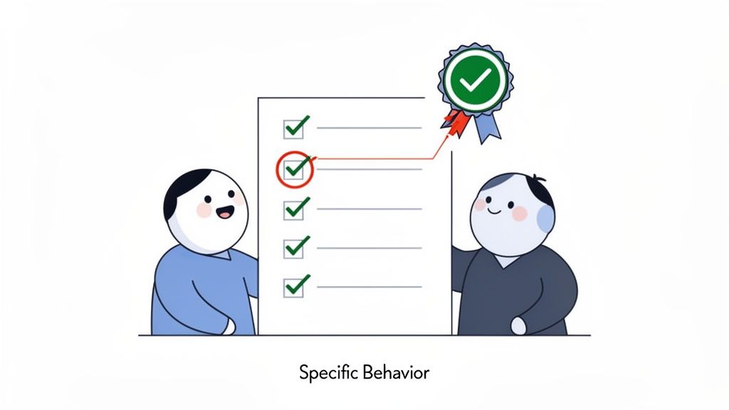 Two cartoon figures hold a checklist, highlighting a specific checked behavior linked to an award ribbon.