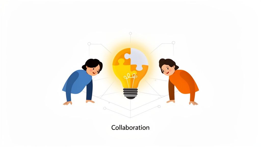 Two people collaborate on a puzzle light bulb, symbolizing teamwork and shared ideas.