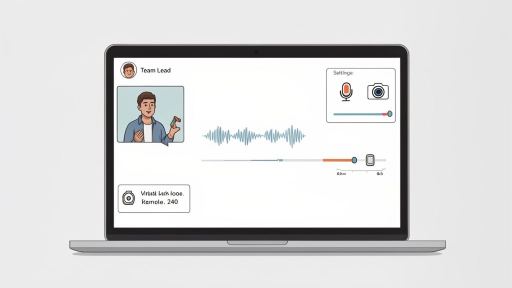 Laptop screen displaying a video call with a team lead, audio waveform, and camera settings.