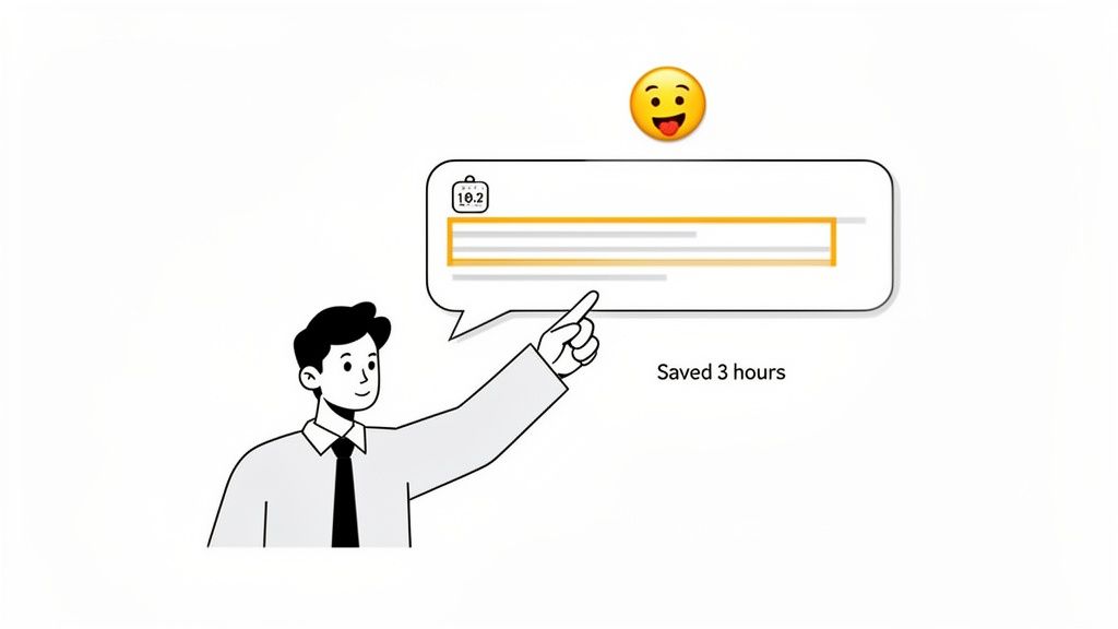 A cartoon man points to a chat bubble showing '10.2' and highlighted text, with 'Saved 3 hours' and a happy emoji.