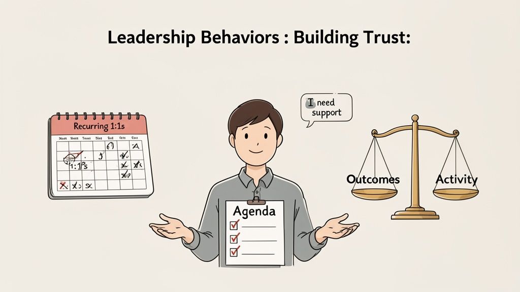 Visual guide to building trust in leadership: recurring 1:1s, agendas, support, and balancing outcomes.