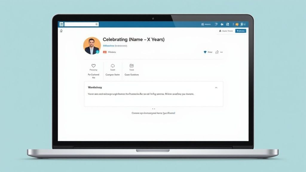 A laptop displays a webpage celebrating a work anniversary with a profile photo and text.