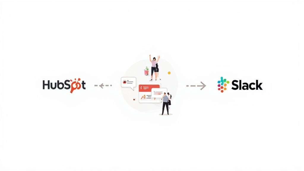 Illustration showing a workflow between HubSpot and Slack with people interacting with data and messages.