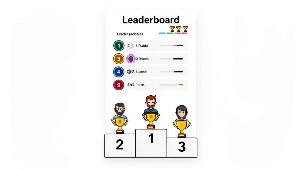 A digital leaderboard displays top-ranked players with scores and a podium with cartoon winners.