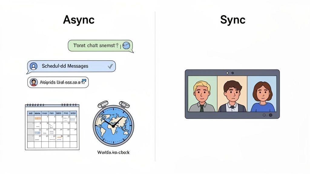 Illustration contrasting async communication with scheduled messages and a calendar, versus sync video meetings.