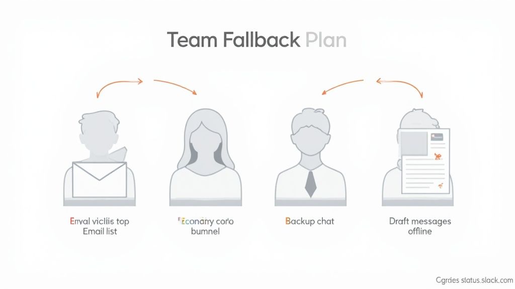 Illustration of a team fallback plan showing email, backup chat, and offline messages.
