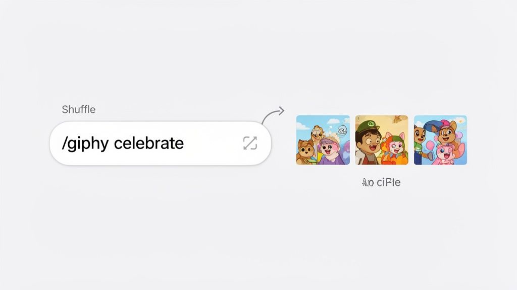 A text field showing '/giphy celebrate' with three suggested animated GIFs for celebration and a shuffle option.
