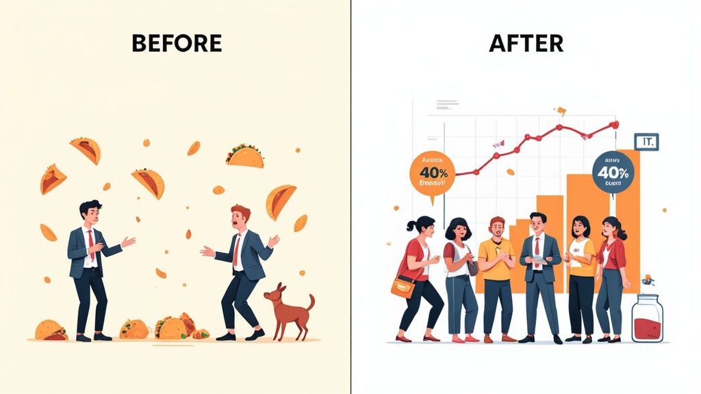Before: two men juggling tacos in chaos. After: a diverse team stands with business growth charts.