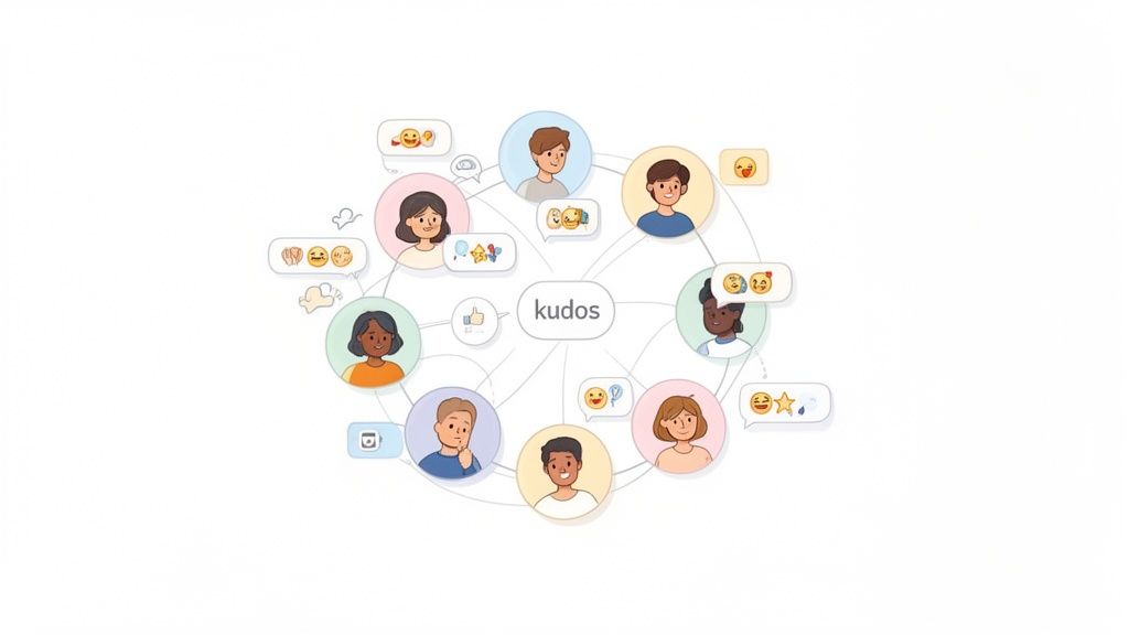 A network of diverse employees exchanging 'kudos' and feedback via emojis, promoting recognition.