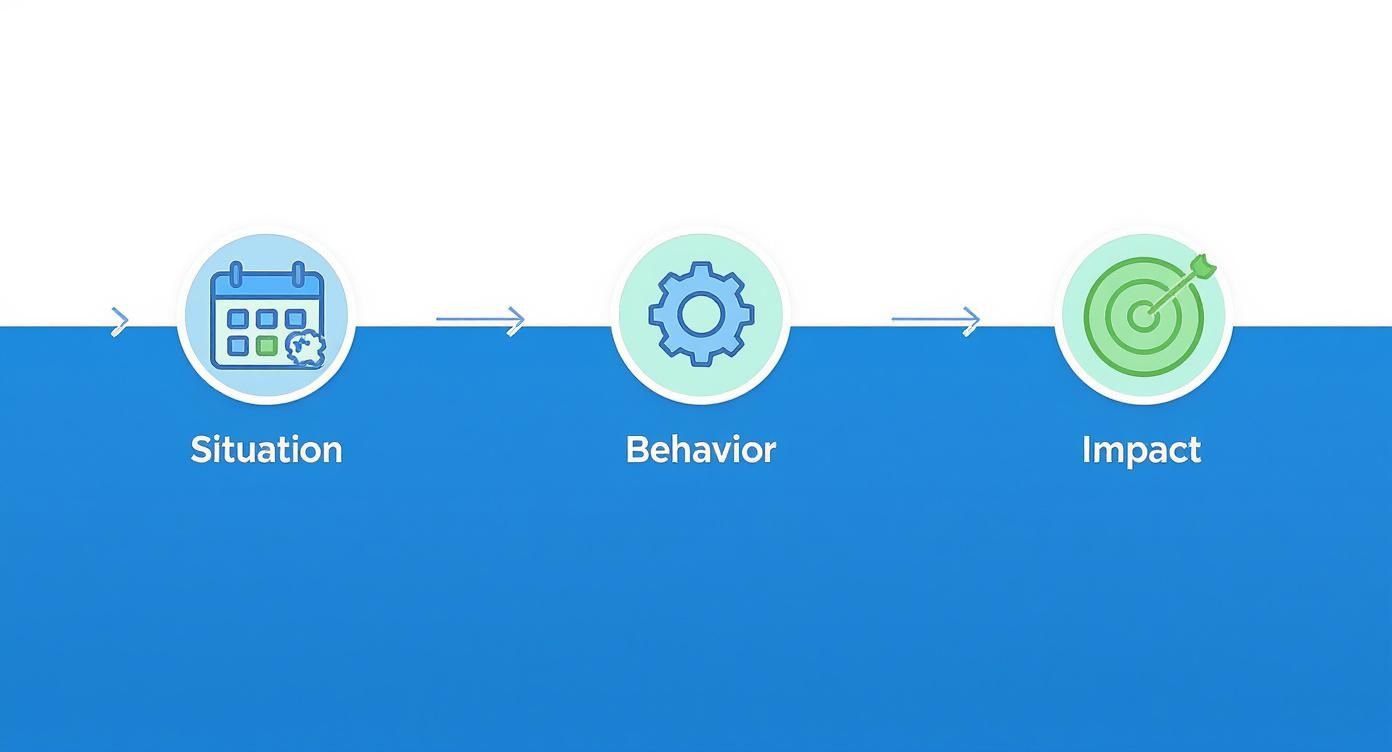 Three-step process diagram showing situation, behavior, and impact stages with calendar, gear, and target icons
