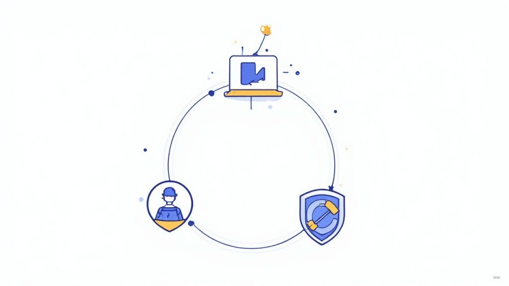 A cyclical diagram showing a user, a communication device, and a security shield interacting.