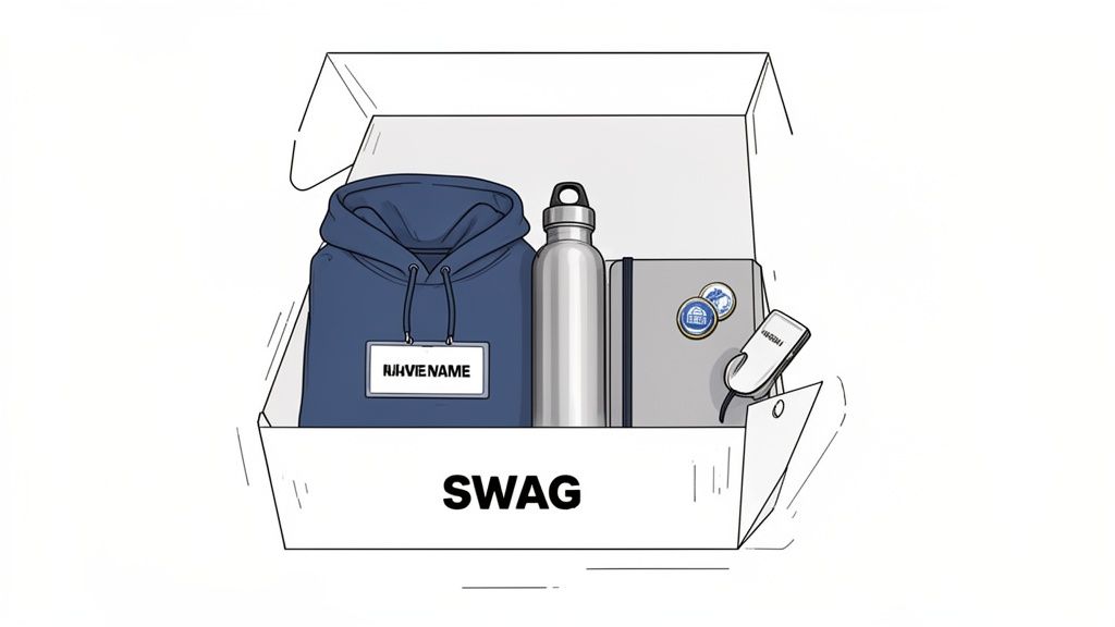 An open 'SWAG' box containing a blue hoodie, water bottle, notebook, pins, and earbuds, perfect for a welcome kit.
