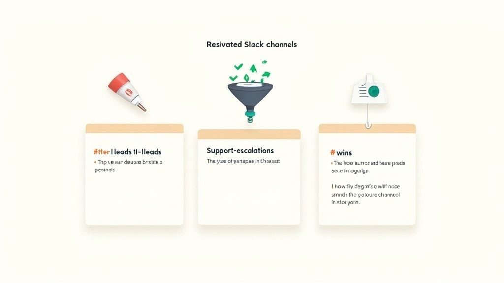 Three Slack channel cards for leads, support, and wins, under 'Resivated Slack channels' with icons.