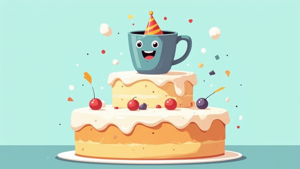 A cheerful blue coffee mug with a party hat on a two-tiered cake with berries and confetti.