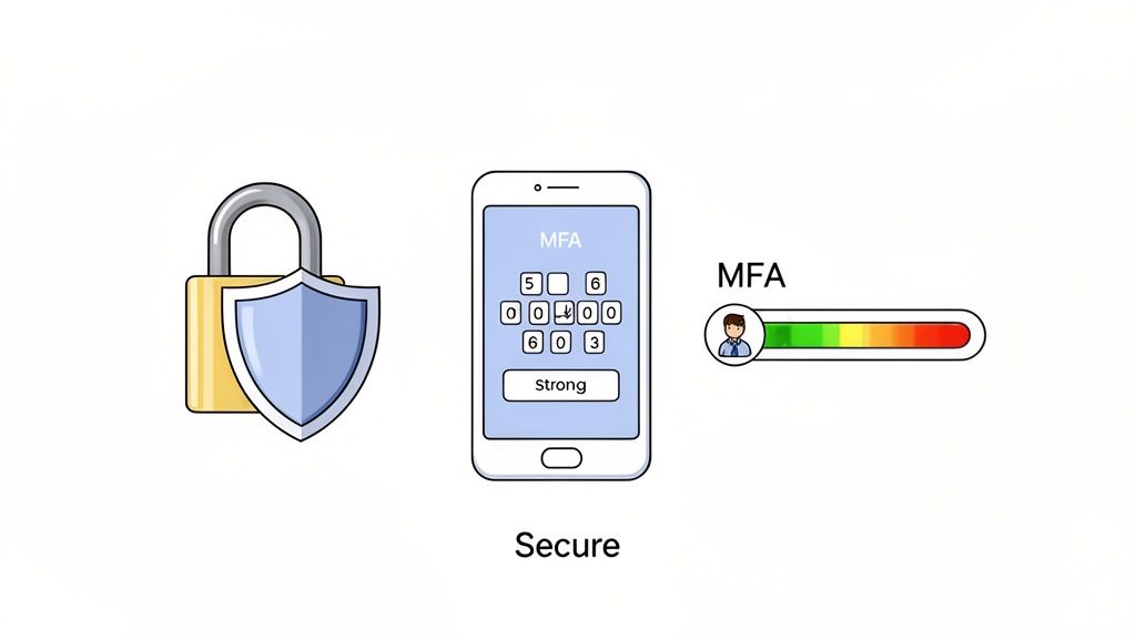 An illustration of multi-factor authentication (MFA) security, showing a padlock, a phone with MFA code, and a strong security progress bar.