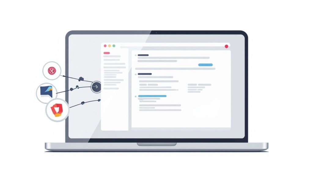 Laptop screen displays code, with integrated app icons like Slack and Zapier, depicting workflow automation.