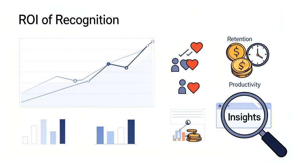 Infographic showing the ROI of employee recognition with charts, engagement, retention, productivity, and insights.