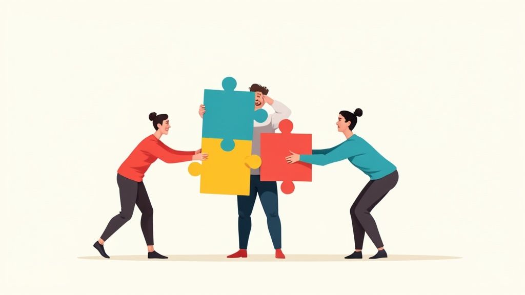Diverse team collaborates, connecting colorful puzzle pieces, representing teamwork and problem-solving.