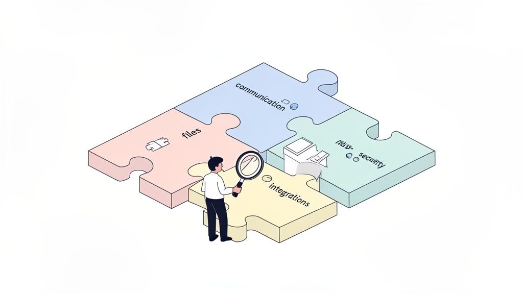 A person with a magnifying glass examining a four-piece business puzzle representing files, communication, security, and integrations.