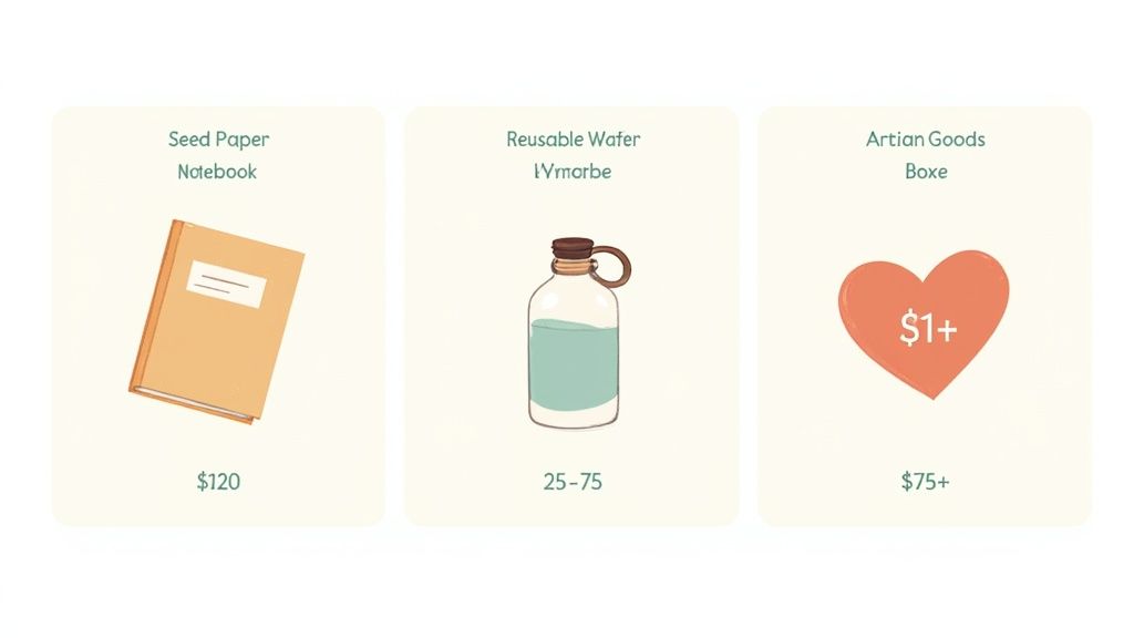 A collection of eco-friendly corporate gifts like reusable water bottles, notebooks, and tote bags.