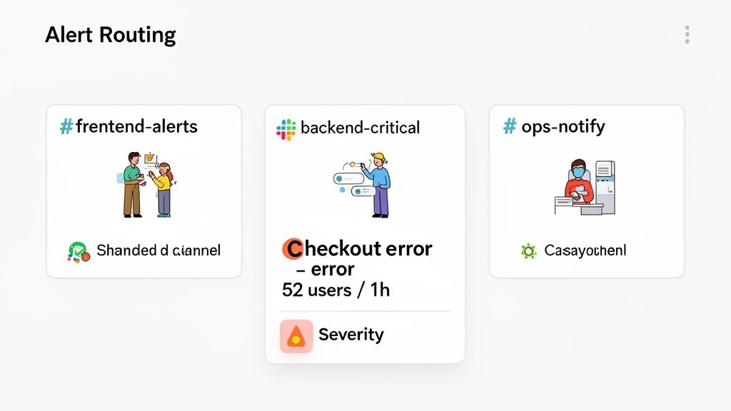 A dashboard showing alert routing configured for frontend, backend, and operations channels, with Slack integration.