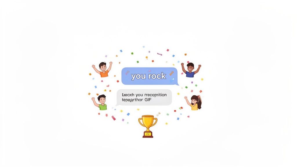 Cartoon people celebrate with confetti, showing 'you rock' and a trophy in a chat interface.