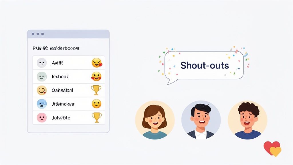 A digital interface showing user shout-outs, a leaderboard, and three diverse employee avatars with hearts.