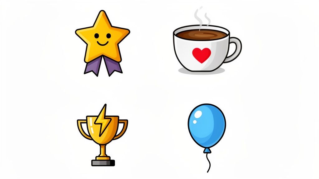 Four colorful icons: a smiling star with a ribbon, a coffee cup with a heart, a trophy, and a blue balloon.
