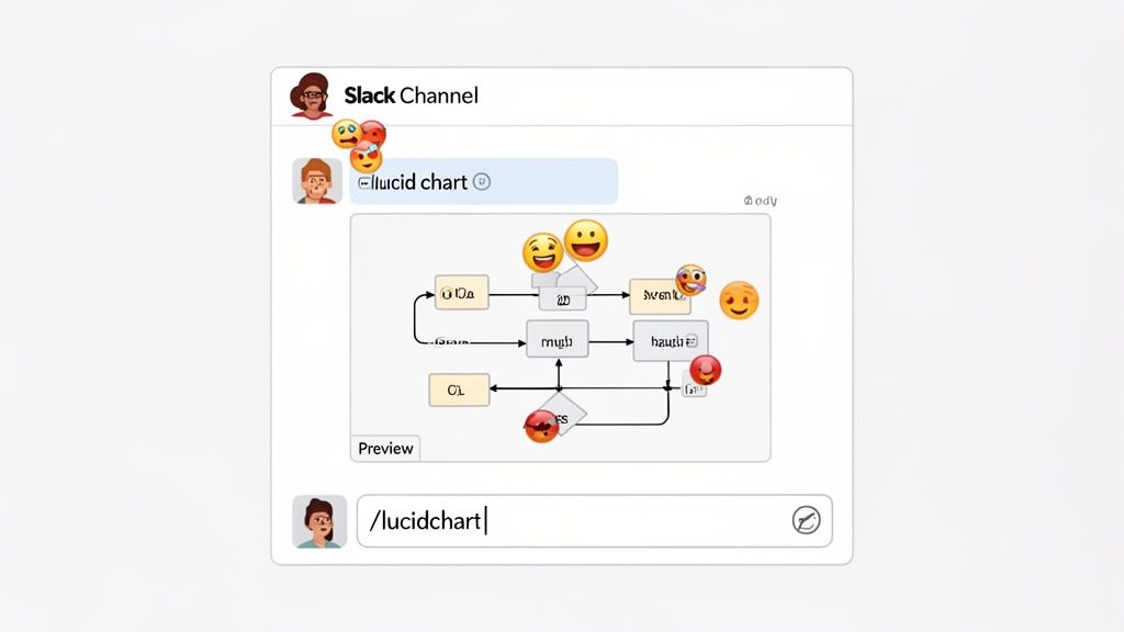 A Slack channel displaying an embedded Lucidchart diagram, with user reactions and a command being typed.
