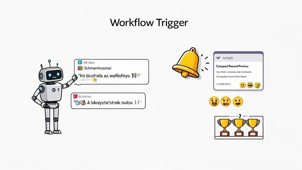A cartoon robot points to chat bubbles, a ringing bell, a notification, emojis, and trophies, illustrating a workflow trigger concept.