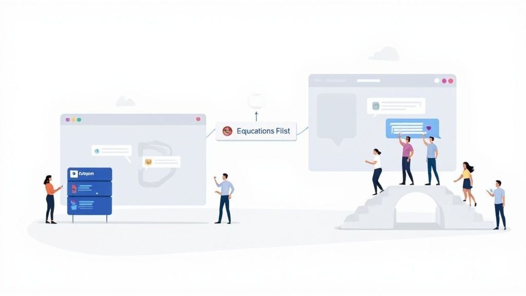 An illustration showing data integration between two systems, with people collaborating and exchanging information.
