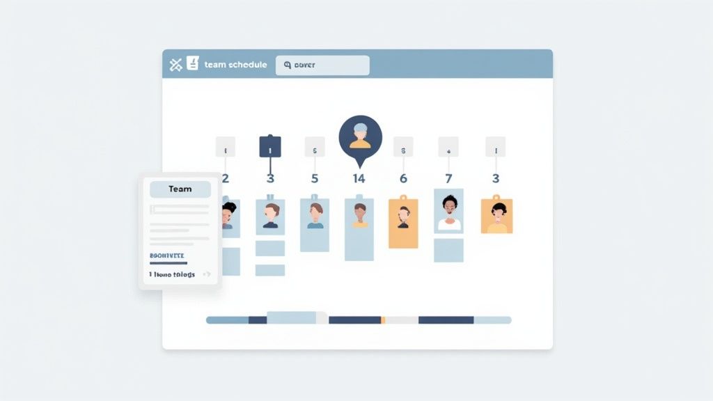 A digital interface displays a team schedule application with user profiles and a timeline.