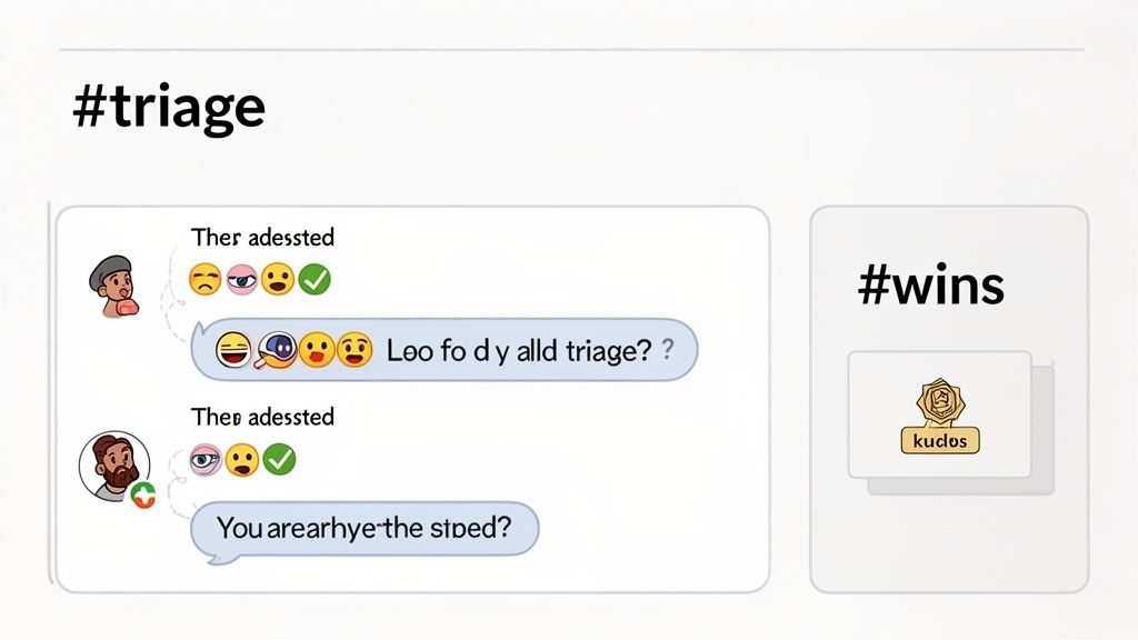 A chat interface showing '#triage' conversations with emoji reactions and a '#wins' section with a 'kudos' badge.