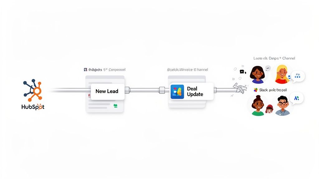 HubSpot workflow showing new lead and deal updates triggering team notifications on Slack.