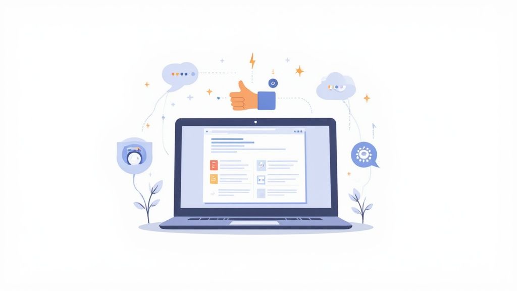 Digital illustration of a laptop surrounded by various icons representing online communication, feedback, and data.