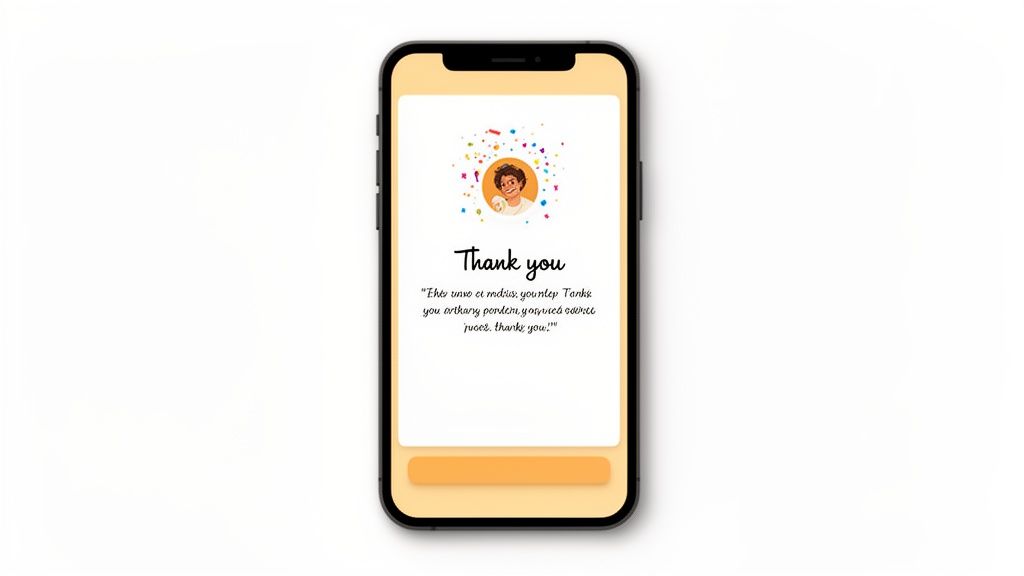 A smartphone displays a 'Thank you' screen with confetti, a happy illustration, and a message.