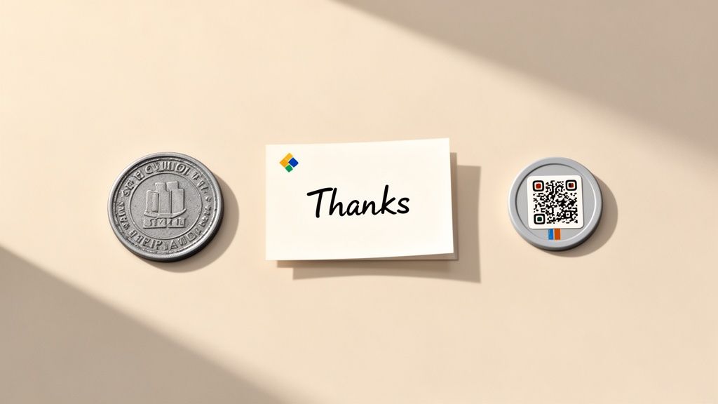 Three small items on a beige surface: a thank you card, a coin, and a QR code.