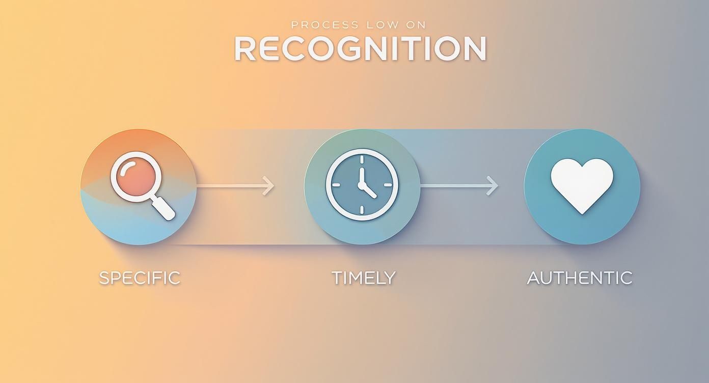 An infographic showing the process flow of effective recognition, with steps for Specific, Timely, and Authentic appreciation.