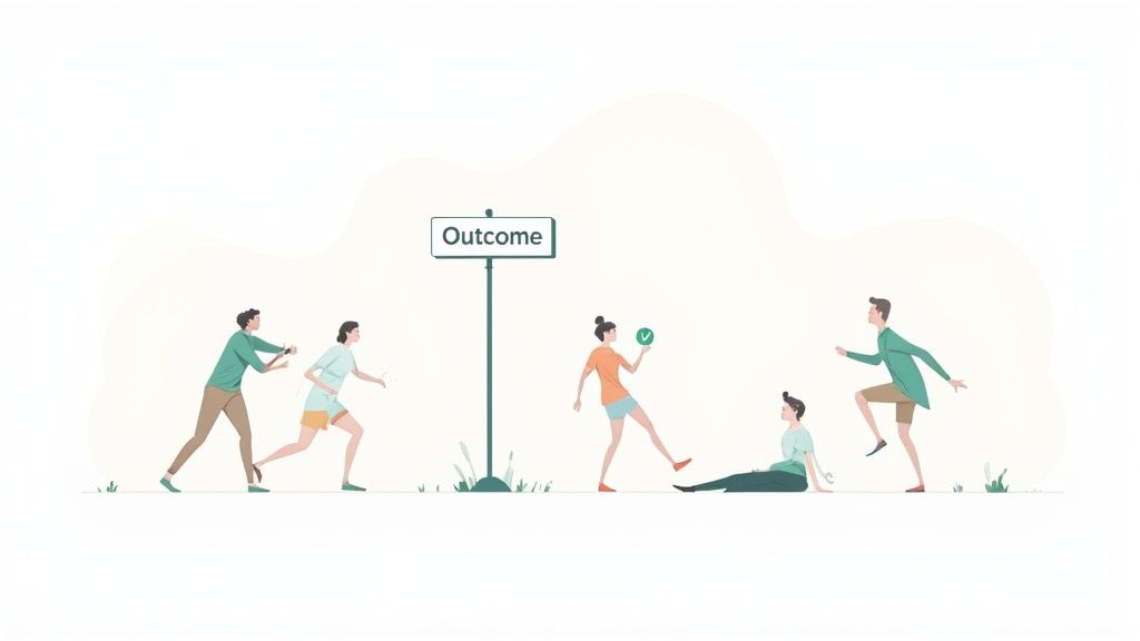 Diverse team members racing toward outcome goal with one person reaching success checkmark