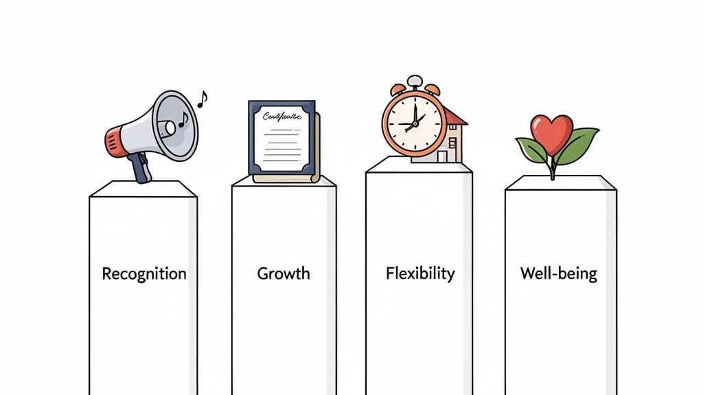 Illustration of four non-monetary incentives: recognition, growth, flexibility, and well-being, each with an icon.