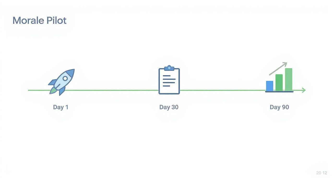 An infographic timeline showing the 90-day pilot plan for a morale initiative, with icons for launching, collecting feedback, and analyzing results.
