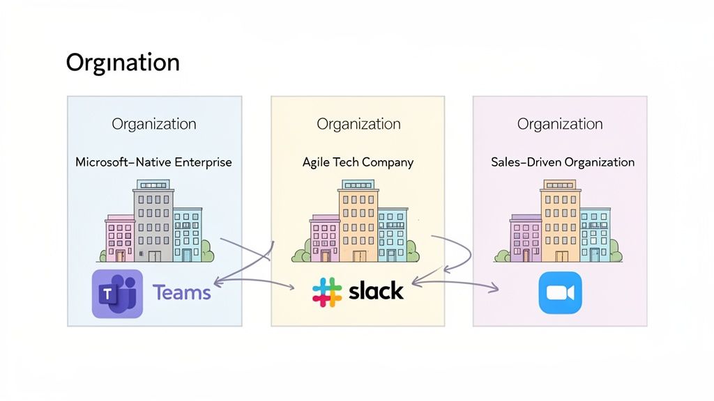 Three organizations use Microsoft Teams, Slack, and Zoom for inter-company communication and integration.