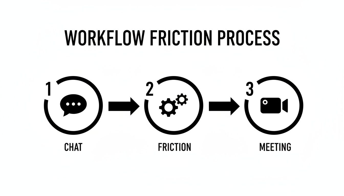 A three-step workflow diagram shows Chat, Friction with gears, and Meeting with a video camera.